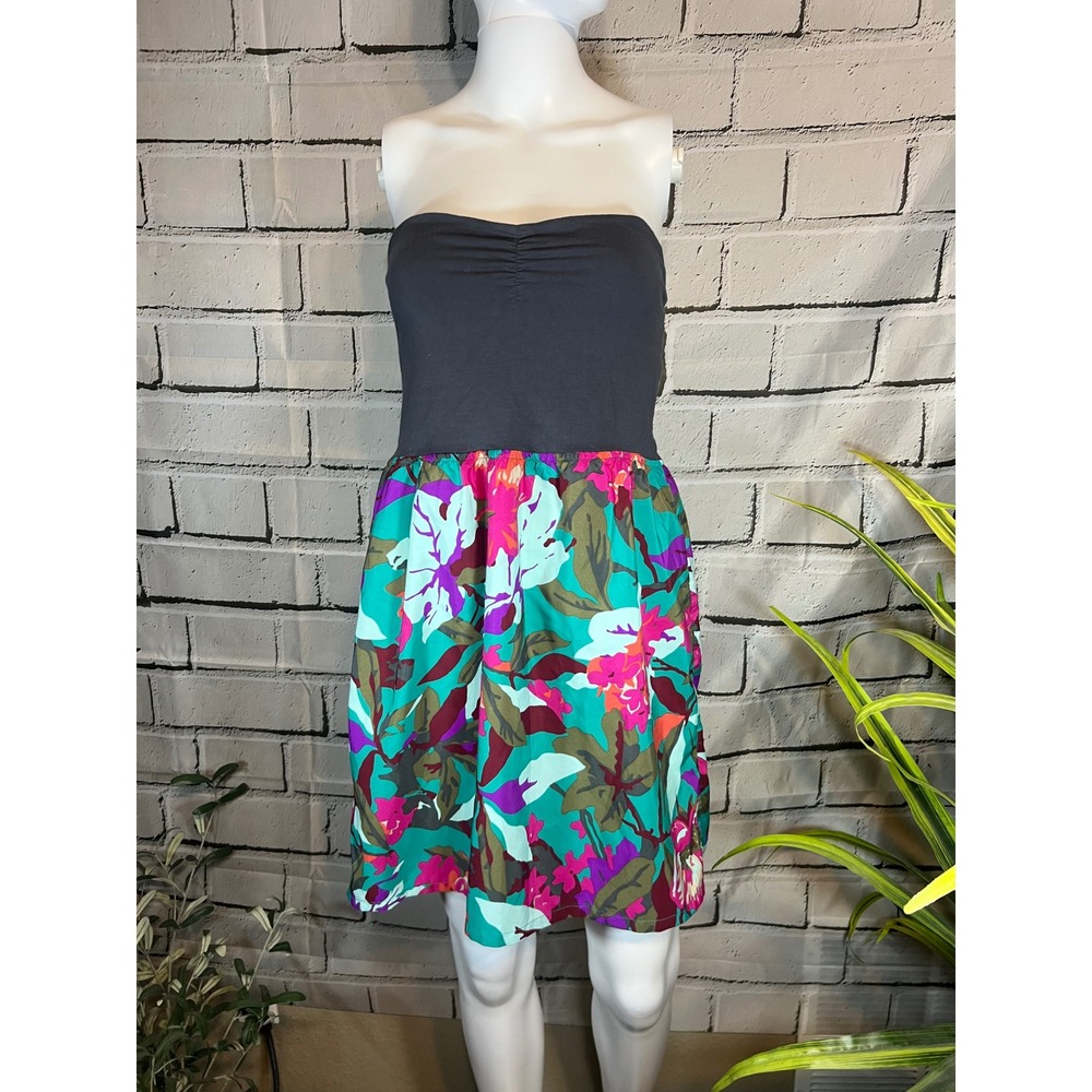 Vintage Roxy Y2K Strapless Mini Dress Floral Tropical Teal Pink Grey XL TG EG